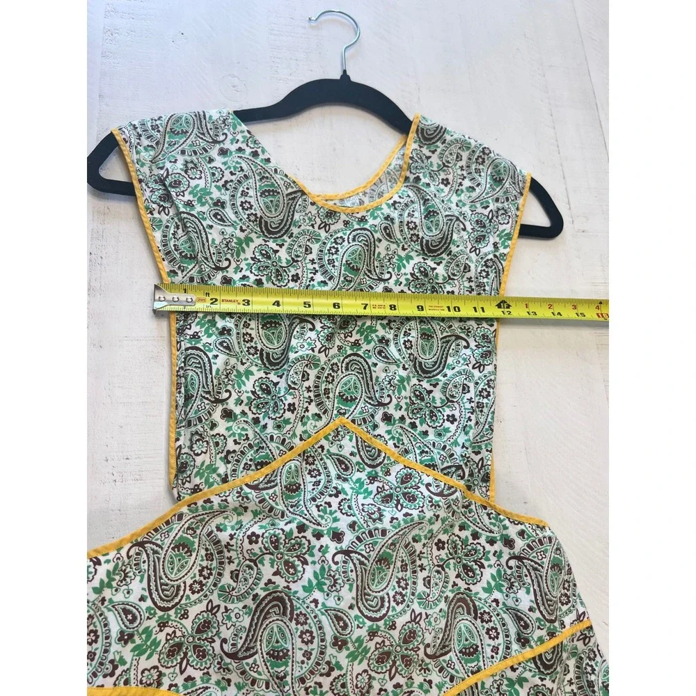 Vintage Handmade Paisley Pinafore Apron Green Yellow Piping Cottagecore Smock
